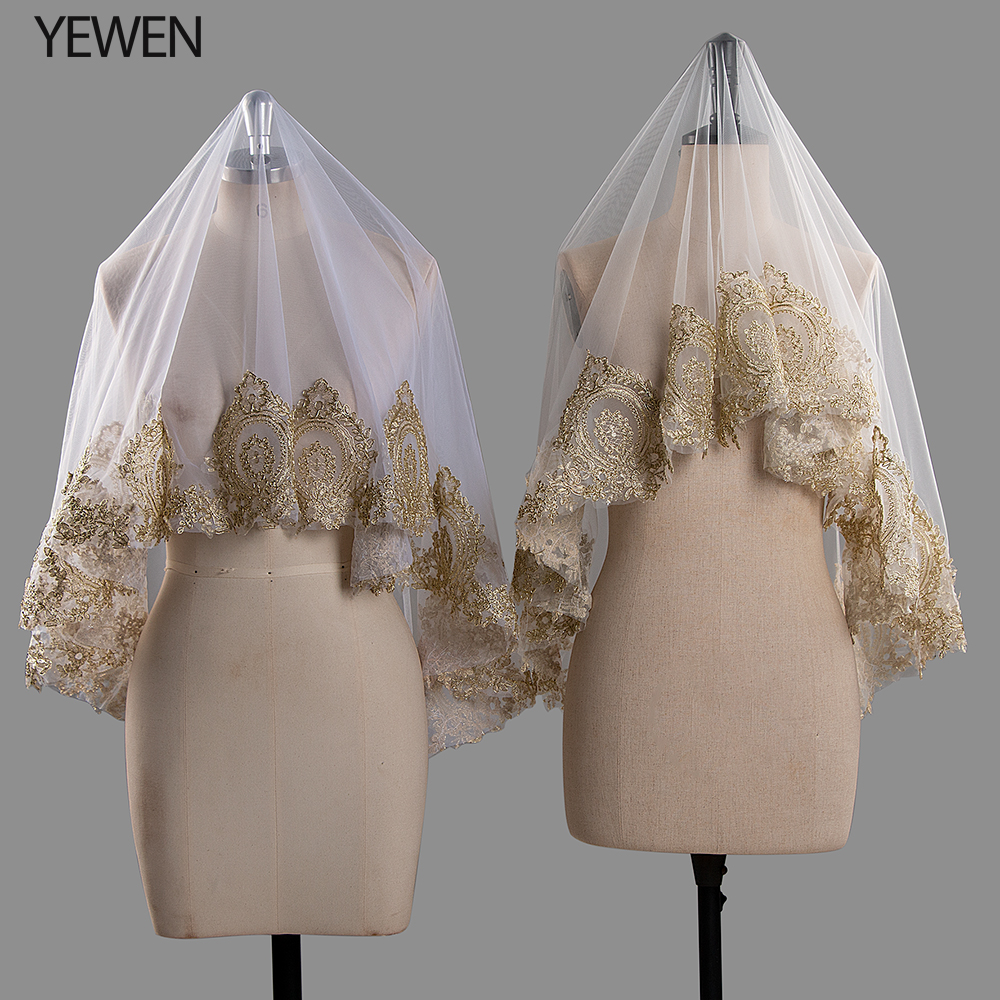Luxe Bruiloft Sluiers 1.5M Mantilla Kant Goud Applique Bruiloft Accessoires Een Layer Waltz Lengte Tule Bruidssluier Real Afbeelding