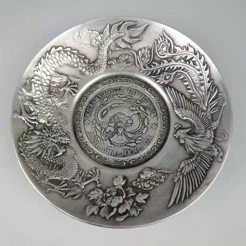 Prachtige Oude Chinese Versierd Handwerk Tibetaans Zilveren Draak Phoenix Plaat