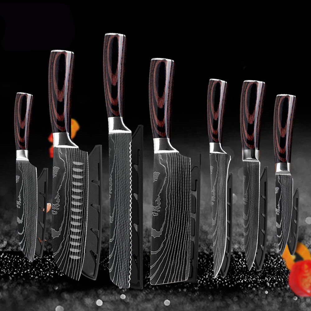 XYj Professionelle Küche Koch Messer Set Japanischen 7CR17 High Carbon Edelstahl Nachahmung Damaskus Muster Kochen Messer Set: 7 Pcs Value set