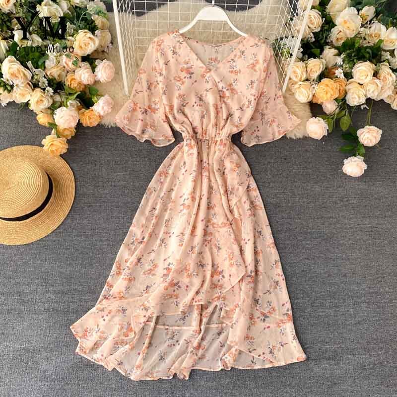 Yuoomuoo Bloemenprint Tube Chiffon Jurk Vrouwen Mode Elastische Taille Ruches Midi Jurk Zomer Lady Chic Strand Jurk: Geel