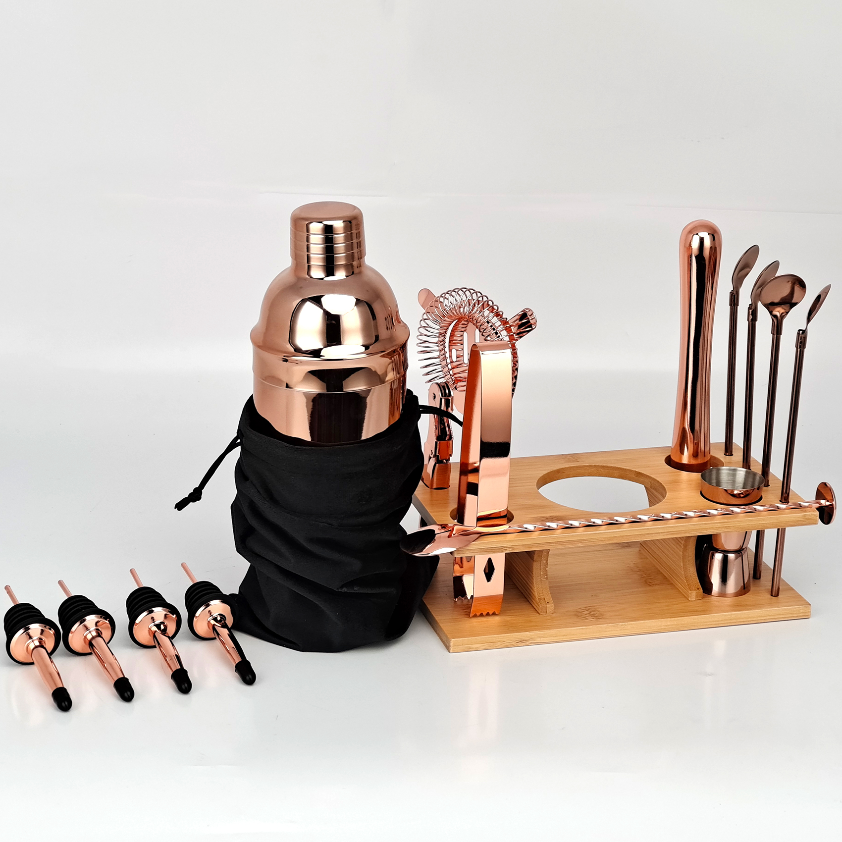 Barmann Bausatz,17-Stück Rose Gold Cocktail Shaker einstellen Mit Bambus Stehen, für Gemischte Getränke Martini Heimat Bar Werkzeuge Perfekte