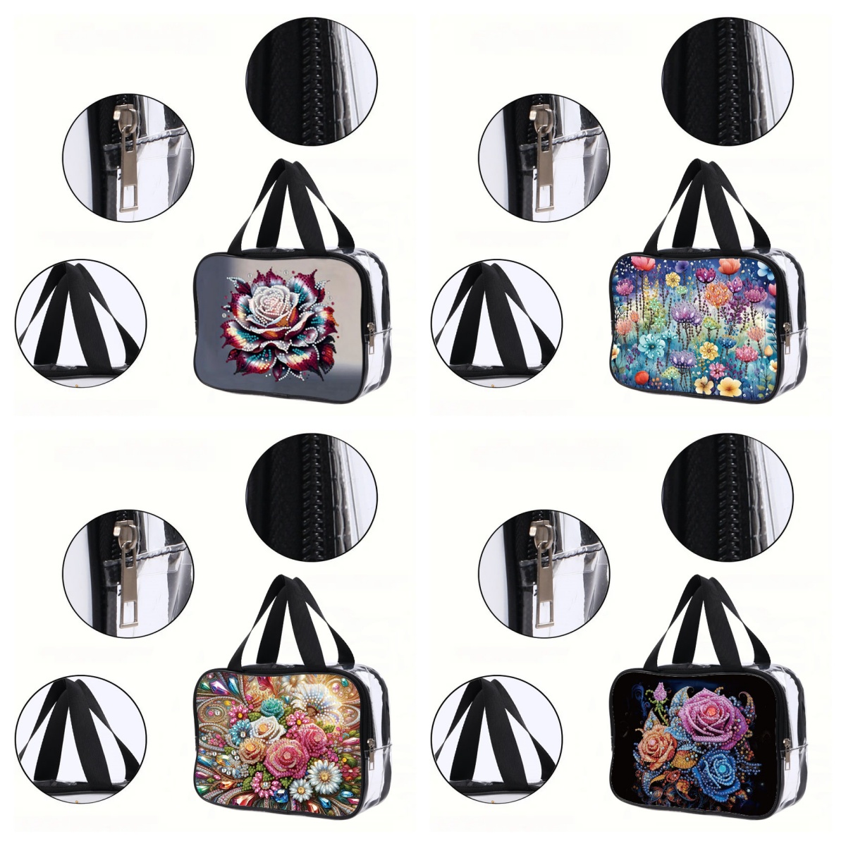 Bolsa de cosméticos con pintura de diamantes de flores DIY para adultos, bolsos de plástico transparente de PVC, bolsas de maquillaje transparentes para viaje, 1 ud.