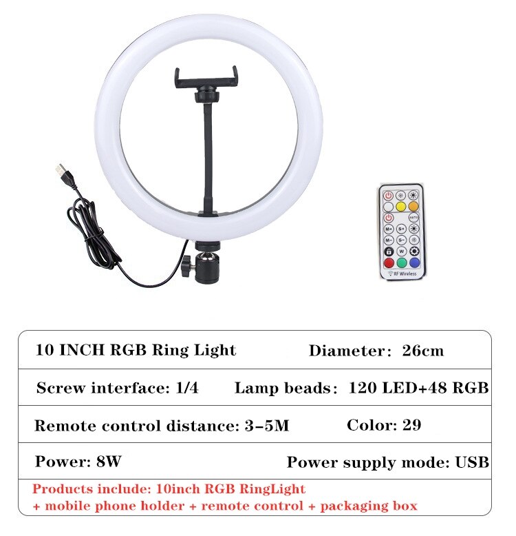 Photography LED Selfie RGB Ring Light 26cm With tripod Stepless Lighting Dimmable With Cradle Head For Makeup Video Live Studio