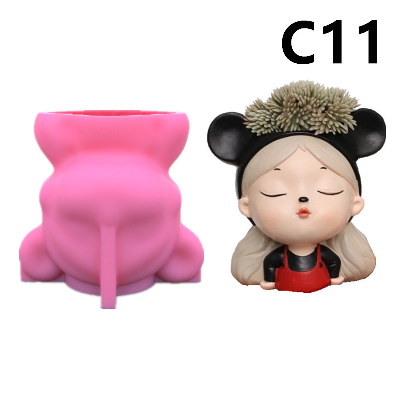 Sweet Girls Clay Flowerpot Silicone Mold Art Sculpture Flower Pot Concrete Cement Resin Molds Pen Storage Box Making Mould: C11