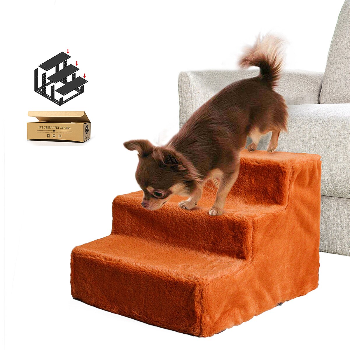 Dog Steps Stairs Ladder Cat Ladder Little Dog Indoor Ramp Assembled Stairs for Bed Sofa Bay Window Metal Washable Cover