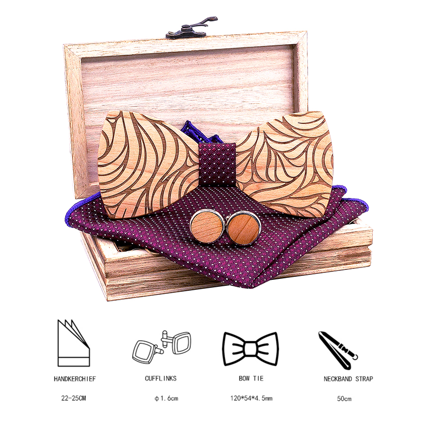 Men Wooden bow tie set Handkerchief Cufflinks wood bowtie wedding tie corbata Wooden Ties Gravata set gentlemen wear