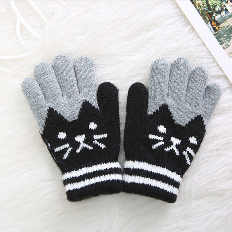 Gants tricotés pour enfants, hiver , mitaines chaudes avec dessin animé de chats mignons pour l&#39;extérieur: Black