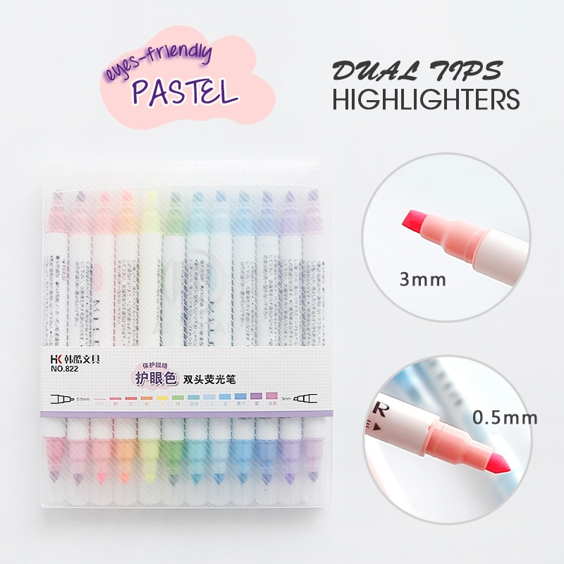 Andstal 12 farver/parti macaron pastelfarve dobbelt spids highlighter pen sæt fluorescerende farve til skolemarkør papirvarer kontor