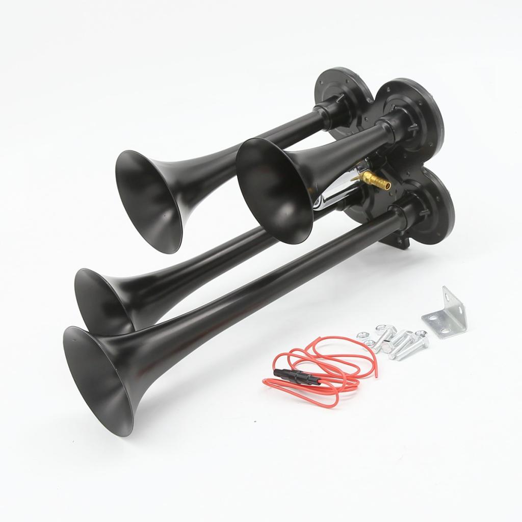 12V Four Trumpet Air Horn - Premium Train Air Horn with Electric Solenoid, Super Loud 150db - Black