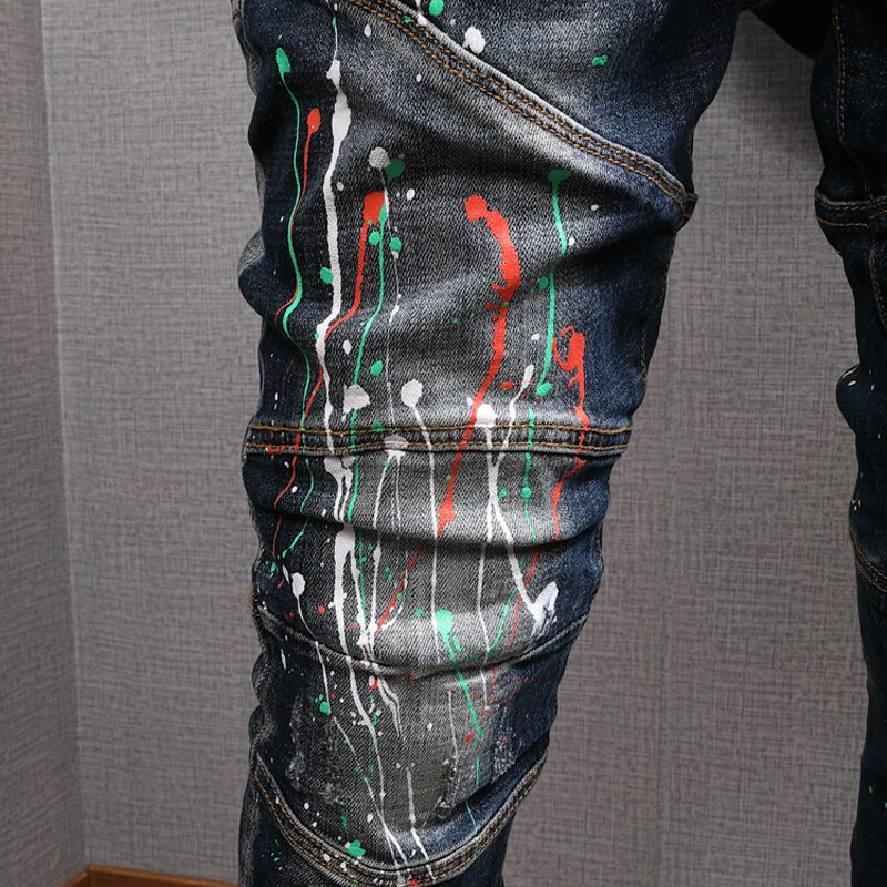 Streetwear mænd jeans slim fit paint jeans mænd elastiske hip hop bukser spliced biker jeans homme