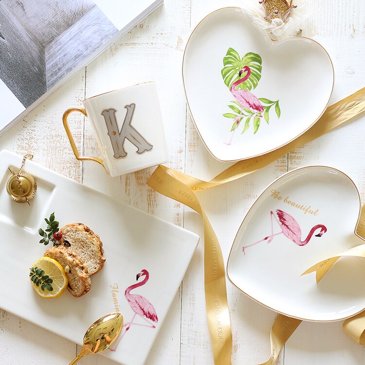 Ins Flamingo Plate Ceramic Porcelain Heart-shaped Pastry Dish Spaghetti Plates Fruit Saucer Home Tableware Dinnerware