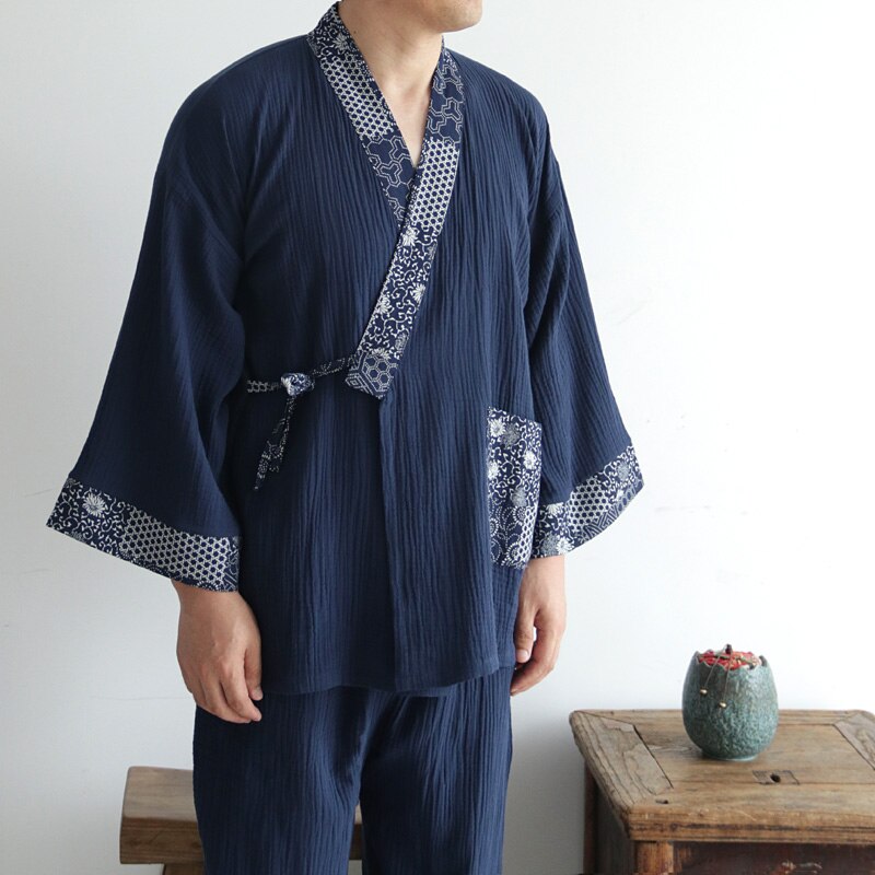 Kimono japonais hanfu pour hommes et femmes, en crêpe délavée, en coton pur, manches longues, peignoir de bain, ensemble haut et pantalon yukata, 2022: color4 / XL