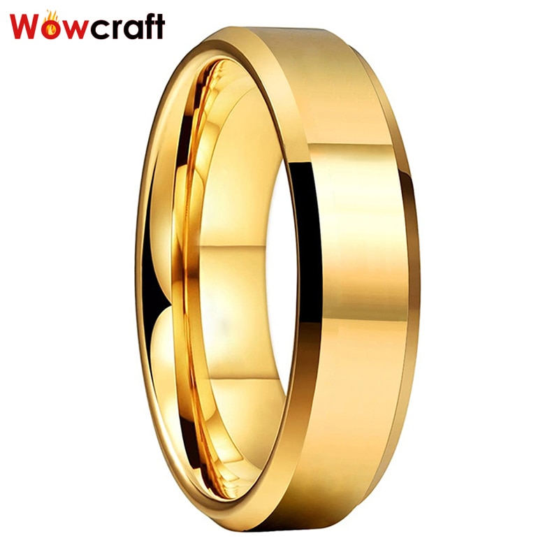 Wowcraft jóias 6mm ouro anéis de carboneto de tungstênio para homens feminino casamento banda polido brilhante chanfrado bordas livre dentro gravura