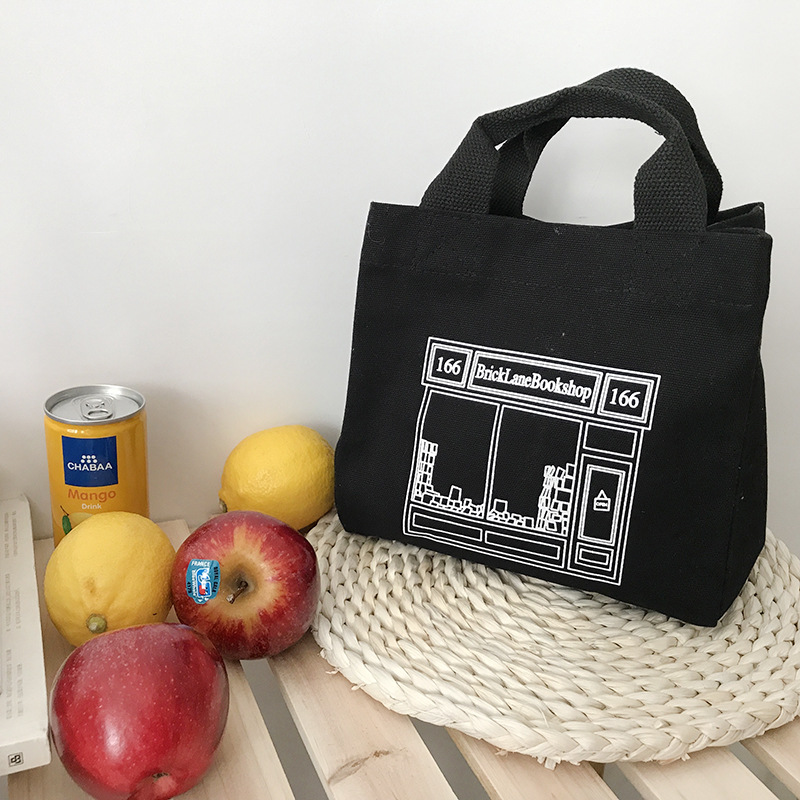 Matkasse canvas matlåda picknickväska bomullstyg liten handväska påse middagsbehållare matförvaringspåsar för kontorsdam: Svart