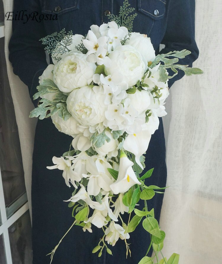 Simulation gouttelettes tenant fleurs cascade mariée Bouquet église romantique mariage décoration blanc Rose dentelle poignée