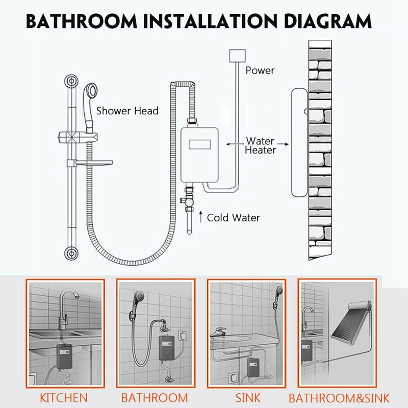 3800W Mini Electric Tankless Instant Water Heater Temperature Display Heating Shower Universal EU Plug Red