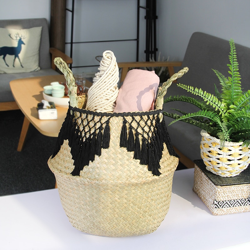 Vævet multifunktionel håndtaske flet kurv søgræs vasketøjskurv naturlig rattan blomsterkurv vase plantehave potte