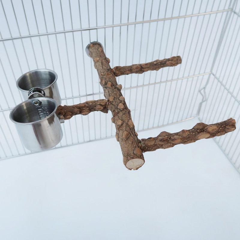 Percha de loro de madera natural espinoso soporte para pájaros taza de alimentación plataforma de palo de molienda