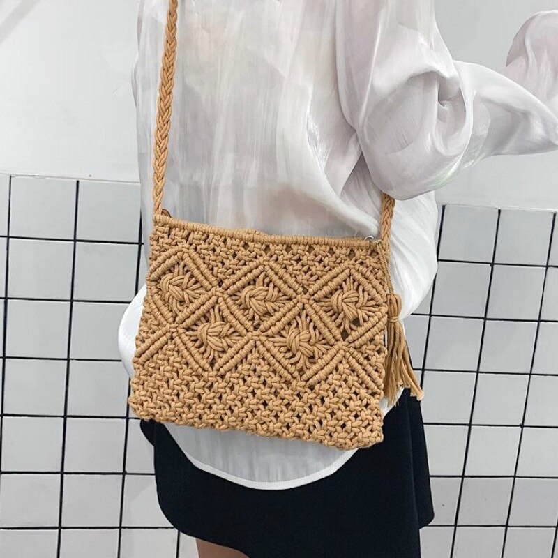 Sac à main à franges, sacoche en corde de coton, sac en fil de coton, sac à épaule Oblique, sac tissé Portable: Kaki
