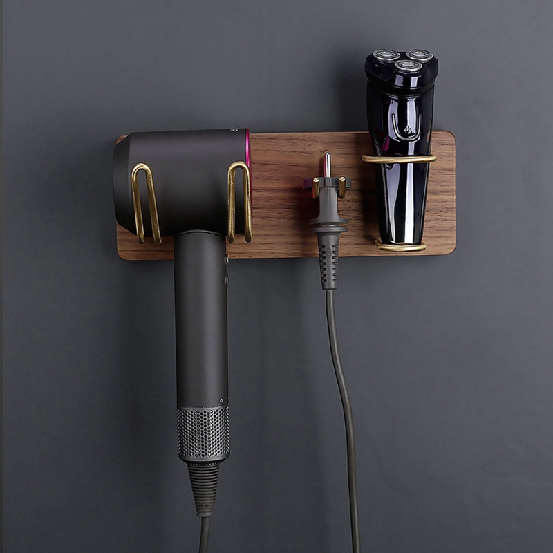 Solid Wood Hair Dryer Holder Wall Mounted Multi-Function Bathroom Rack Shaver Holder Toothbrush Holder Plug Rack