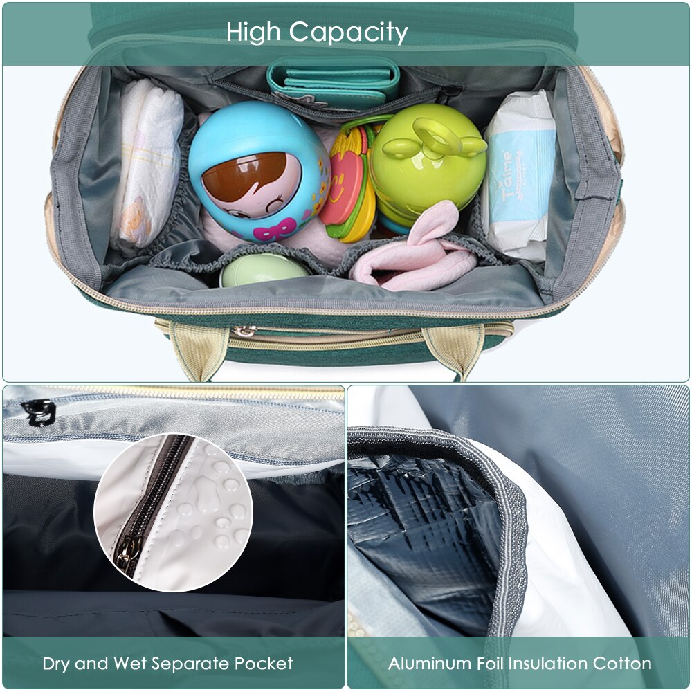 Diaper Bag Multifunctional Mom Baby Folding Bed Rucksack Mom Dads USB Backpack Nursing Handbag Stroller Traveling Knapsack