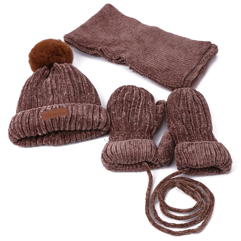 Børn vinter pompon beanie hatte tørklæde handsker sæt strikket varm tyk corchet chenille beanie og tørklæde vanter til drenge og piger: C