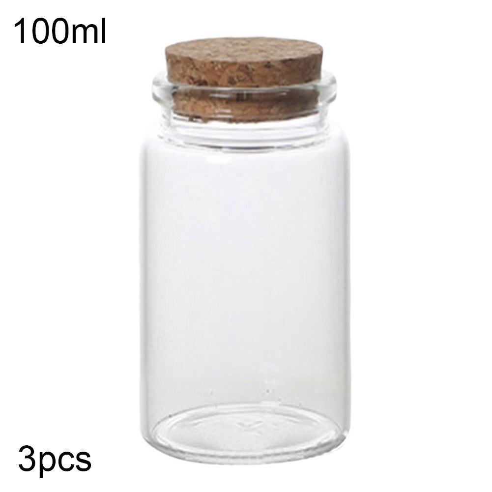 3Pcs 50/60/90/100/120/150ml Transparent Cork Stopper Glass Bottles Jar Vials: 100ml