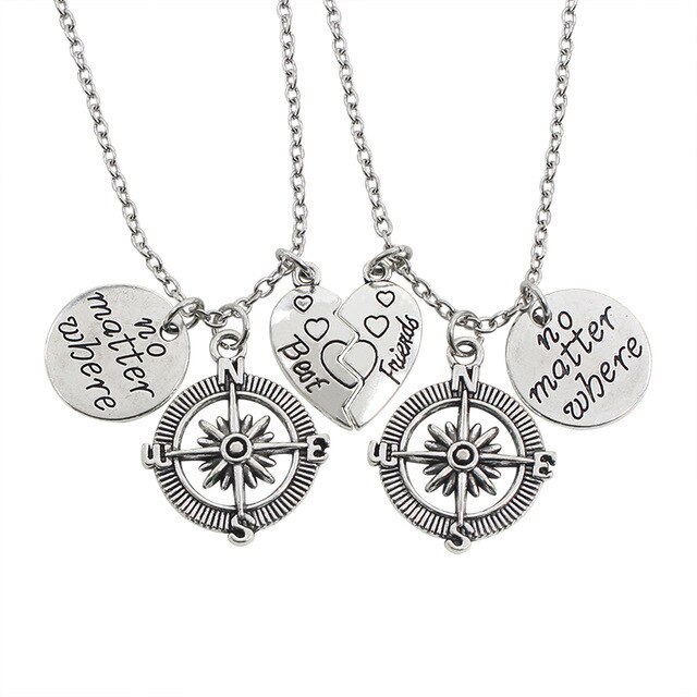 Best Friends Pendant Necklace Women Men Splicing Geometry Pizza Love Heart Necklaces Couple BFF Friendship Jewelry Colar: Compass best friends