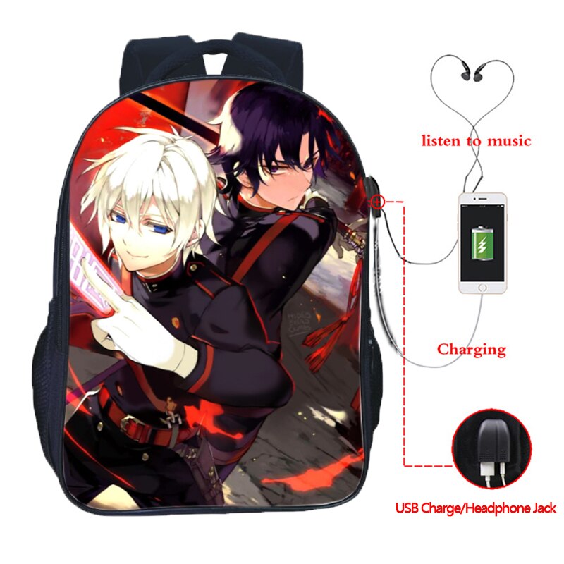 Top Seraph of the End USB Charge School Rucksack Boys Girls School Bag USB Charging Laptop Backpack: 8