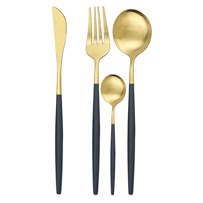 Western 40Pcs Black Matte Cutlery Set 304 Stainless Steel Dinnerware Set Knife Fork Spoon Flatware Kitchen Silverware: 40pcs Black Gold