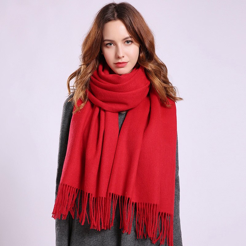 Vinter 100%  uld tørklæde beige hals varmere kvinder sjaler og wraps solid pashmina ren uld tørklæder til damer kashmir echarpe: Rød