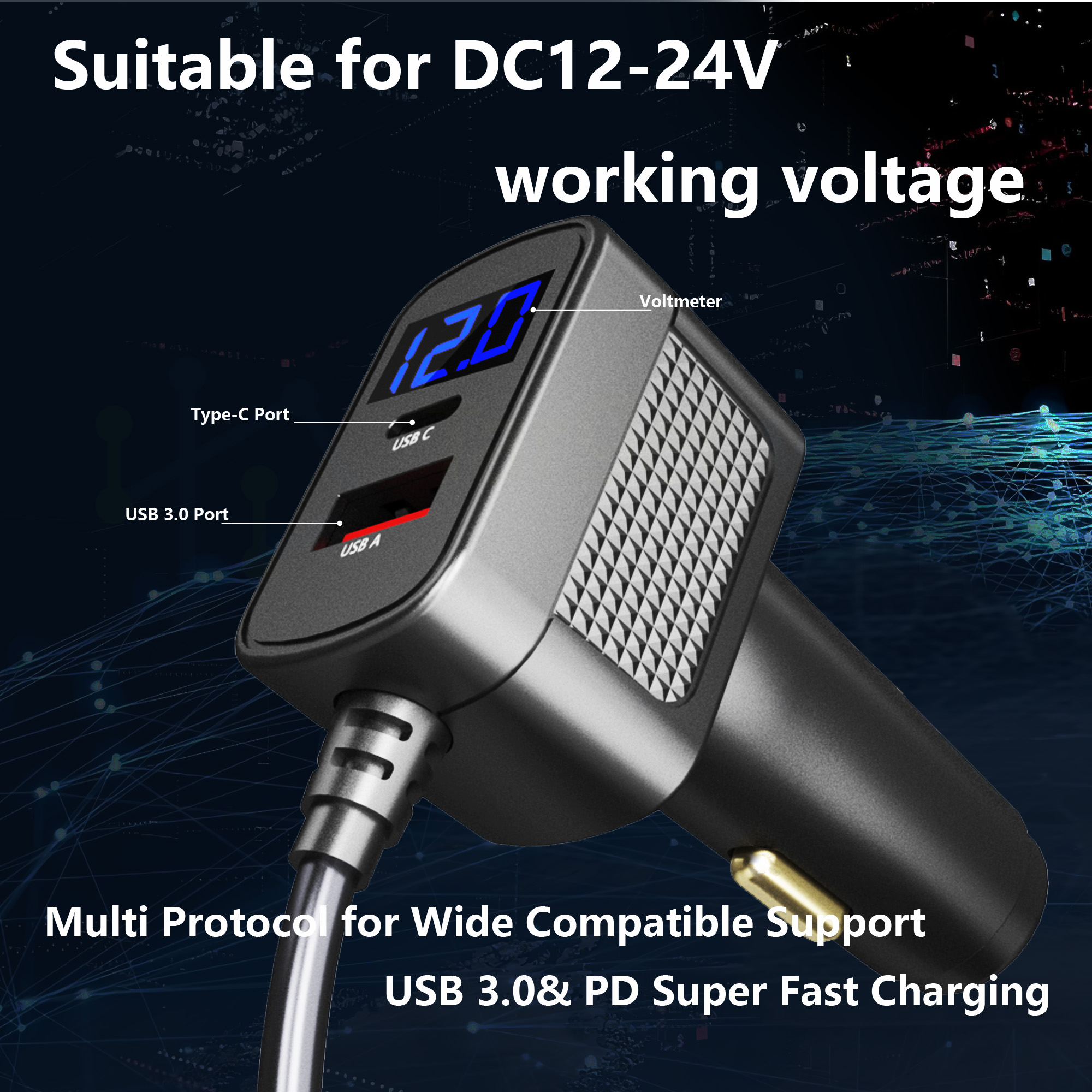 3M Starlink Mini Power Cable 100W 12V-24V Cigarrete Lighter Adapter to DC Power Cable with USB Type-C Port and Voltmeter