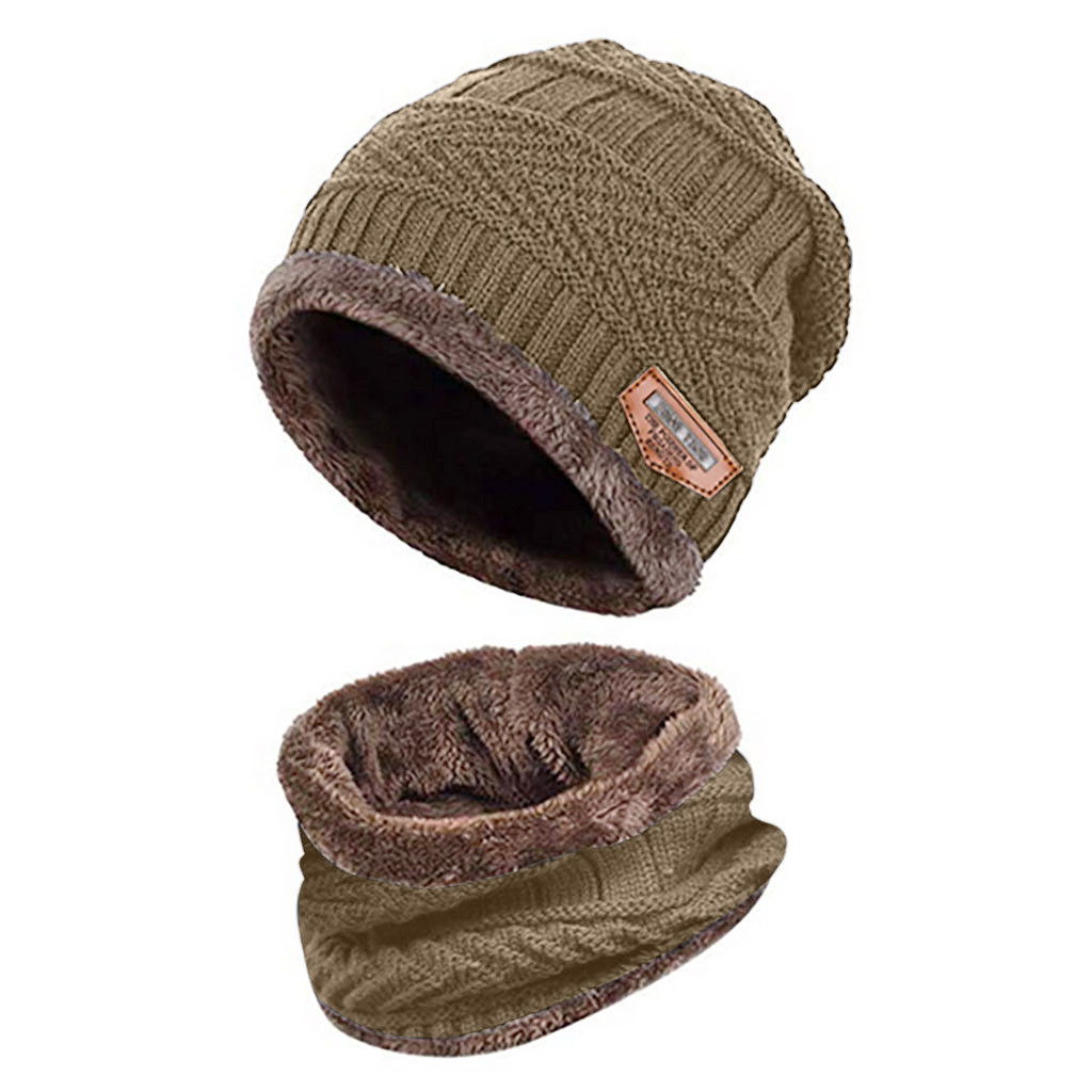 Vinter strikket hue tørklæde sæt til mænd tyk fleece varm hue hat tørklæde sæt solid strik vindtæt udendørs ski cap ring tørklæde: Khaki