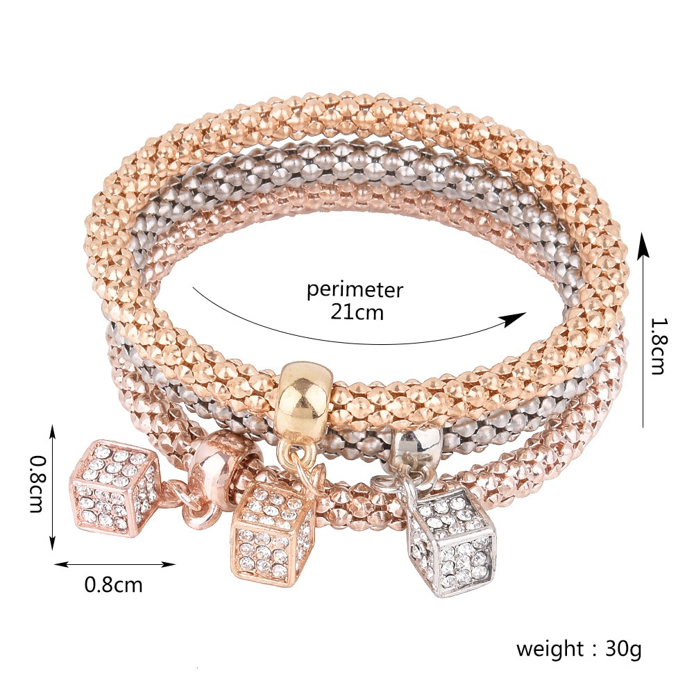 Neue 3 Teile/satz Zirkon Gold Charme Armband Elastische Mais Kristall Armband Armreifen Frauen Schmuck DIY Feine Party