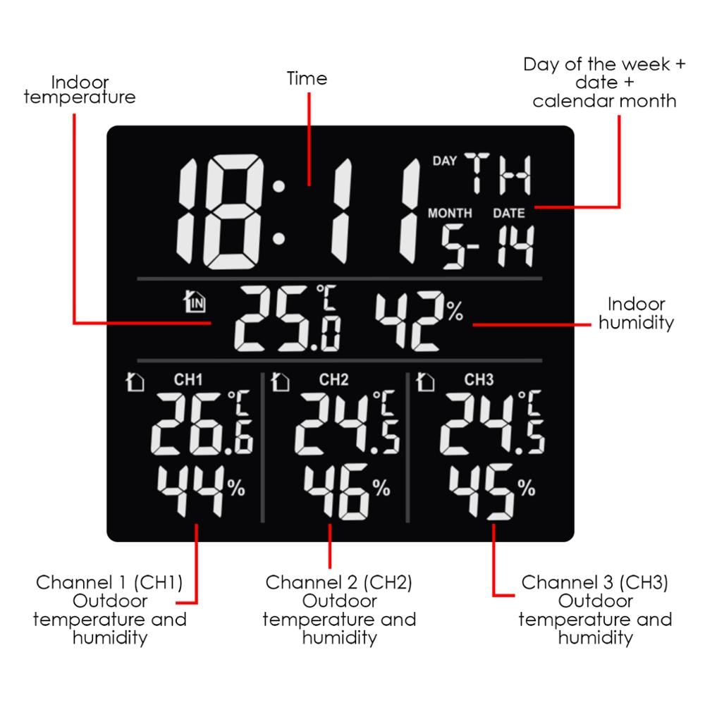 Digital Wireless Weather Station Indoor Outdoor Temperature & Humidity Hygrometer w/ 3 Sensors Alarm Clock Function LED Light