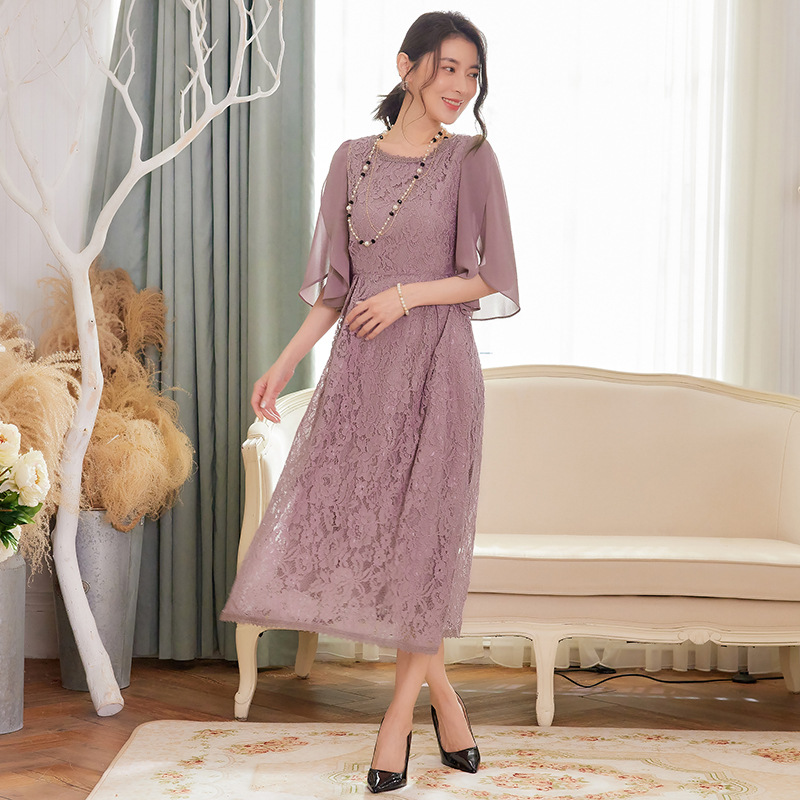 Kvinders festkjole i chiffon med patchwork-blonder og midikjole - perfekt til fester og særlige lejligheder: S / Himmelblå
