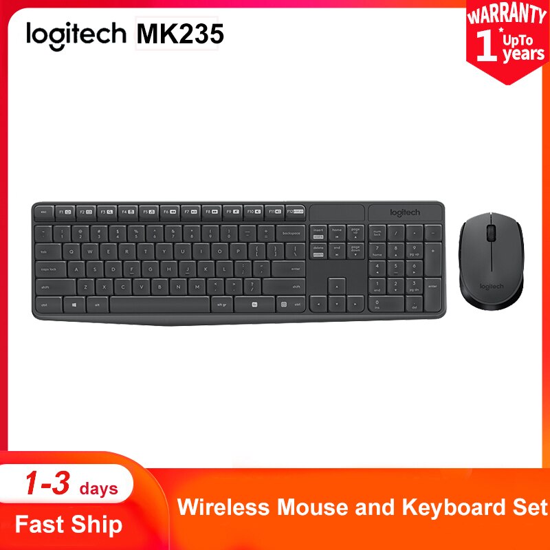 Logitech MK235 Wireless Keyboard Mouse Multimedia 2.4GHz Splash-Proof 1000dpi Micro USB Receiver Office Plug and Play