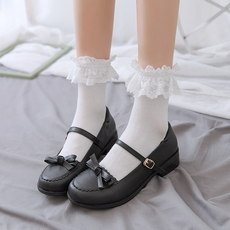 Zomer 1 Paar Lolita Stijl Japanse Maiden Mooie Vrouw Kant Mesh Korte Sokken Zwart Wit Katoen Socking