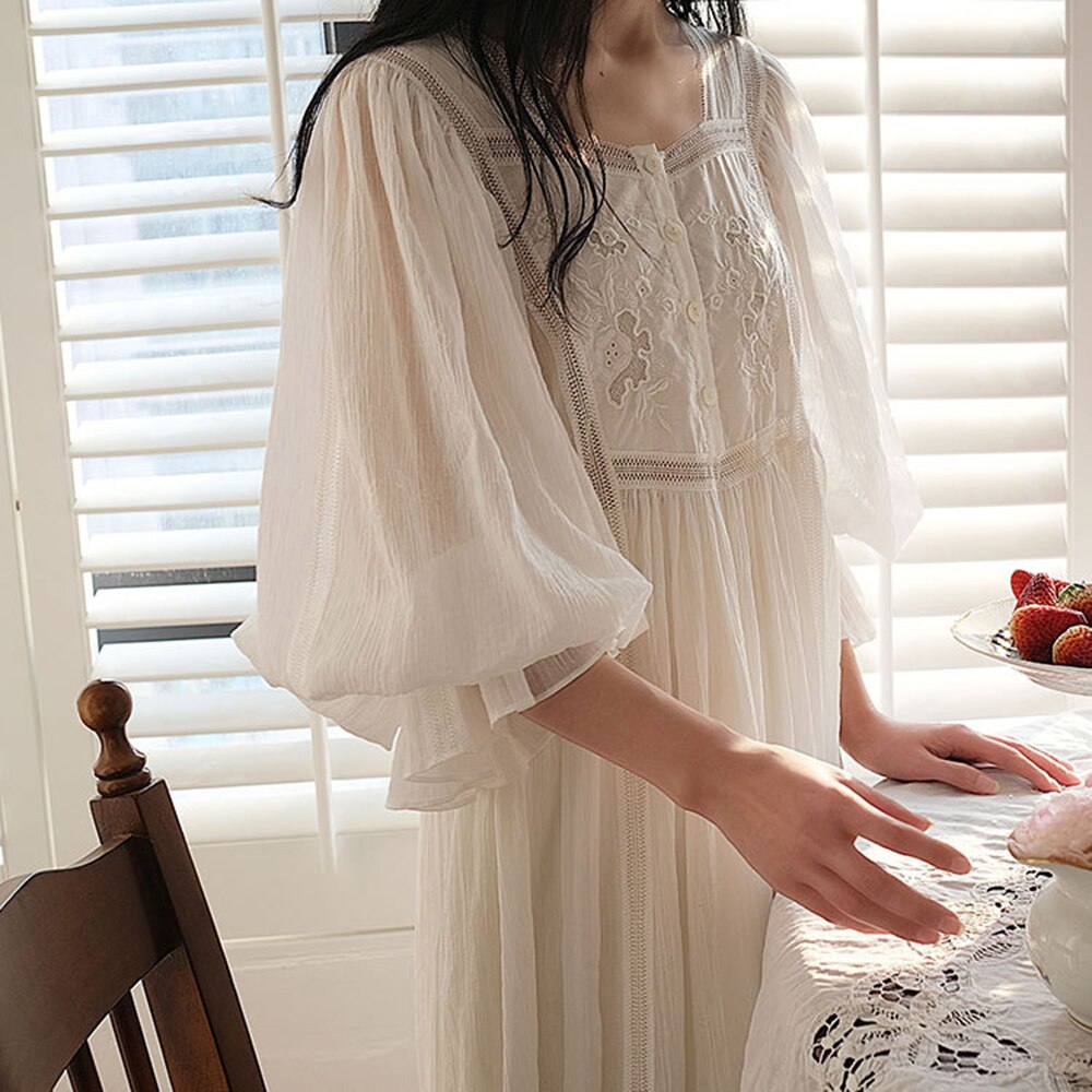 Vrouwen Mooie Nachtjapon Prinses Lange Mouwen Losse Katoenen Wit Nachthemd Lange Mouw Retro Paleis Zoete Koreaanse Slapen Gown