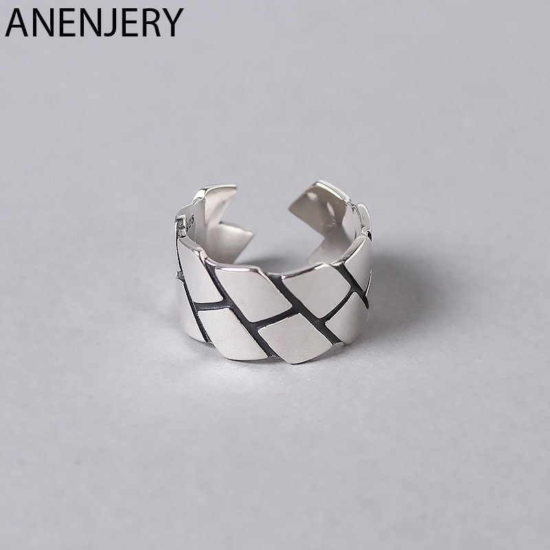 ANENJERY Vintage Ring Novelty Geometric Width Thai Silver Color Adjustable Rings For Women Men S-R410