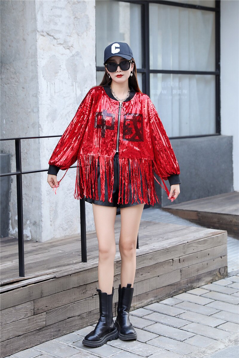 Veste à paillettes pour femmes, Streetwear, Hip Hop, couleur unie, automne, pompon, Patchwork, manteau, col rond, vêtements d&#39;extérieur amples bling-bling: Rouge