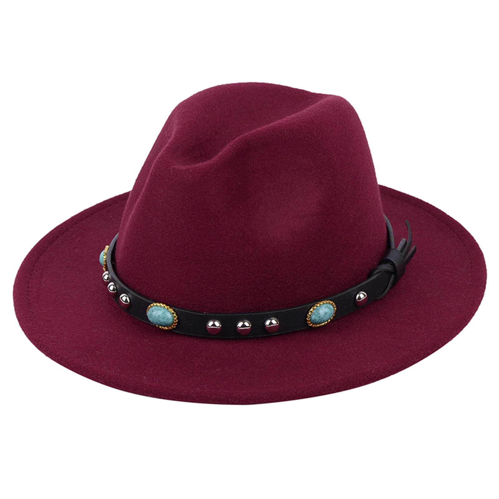 Sombrero de fieltro Vintage estilo inglés para hombre y mujer, Fedora de fieltro de lujo, hebilla de cinturón ancha, gorros con visera vaquera, sombrero de Jazz: Wine Red