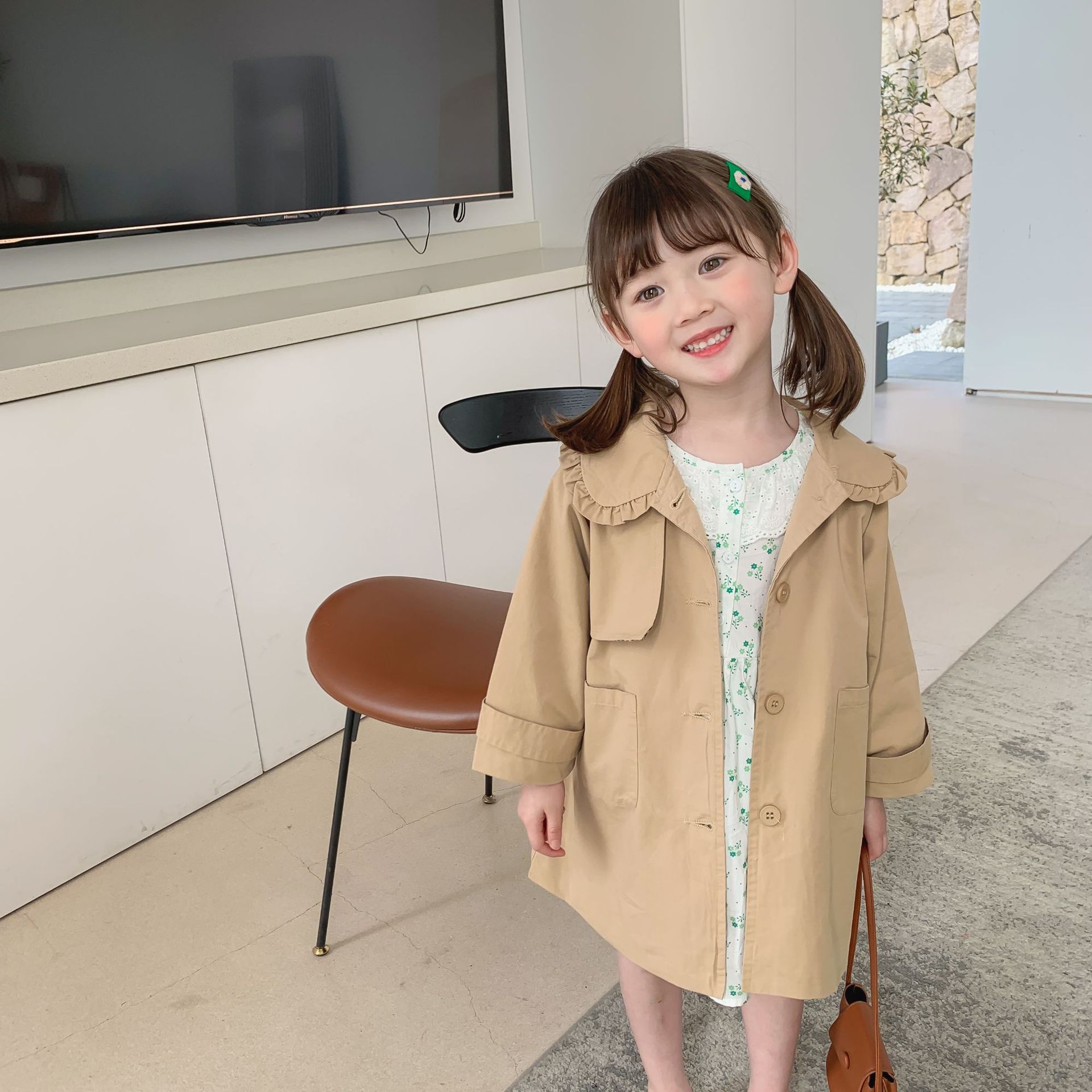 Spring Autumn back hollow trench jackets for girls cotton solid color bowknot furcal long style coats