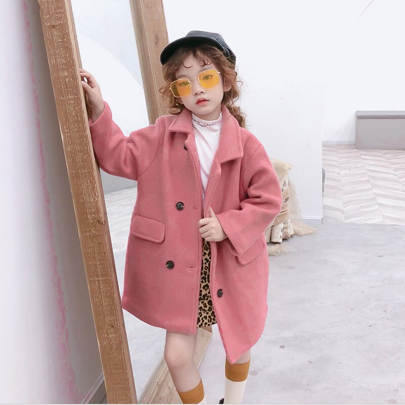Wlg uldfrakke til piger børn vinter beige grøn pink tyk lang stil frakker babypige fahion all match cashmere frakke 3-8 år: Lyserød / 8t