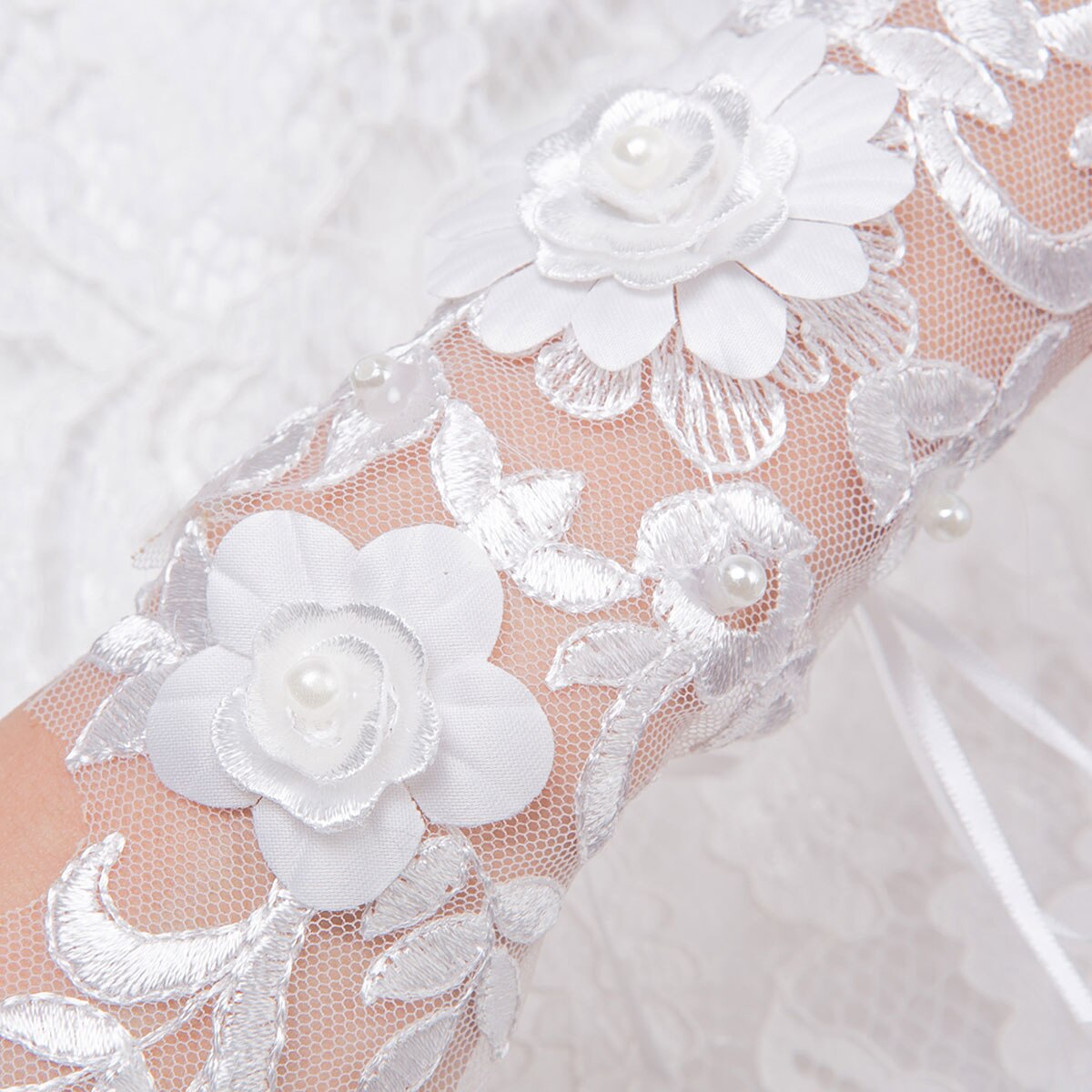 Elegantes guantes blancos de encaje Floral para mujer, guantes largos para novia, guantes de boda, accesorios para vestido de y banquete