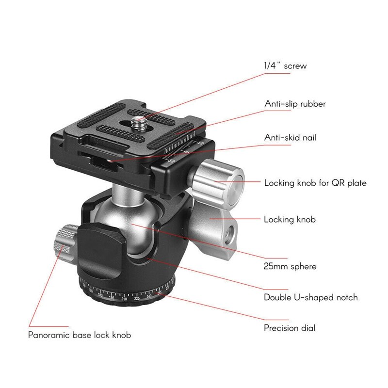 RISE-D-25C Mini Ball Head Aluminum Alloy Tripod Head with 1/4 Inch & 3/8 Inch Screw Mount for DSLR ILDC Camera 360 Degree Moveme