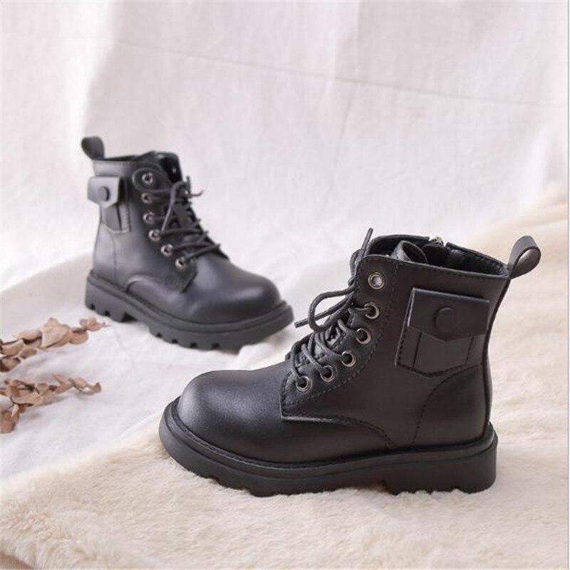 Autumn/Winter Children Ankle Boots Girls Boys Black Zip Motorcycle boots Baby With Plush Snow Boots Kids Toddler Shoes 019