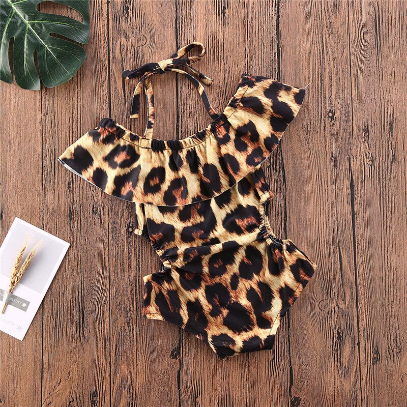 Sommer toddler børn off skulder leopard tankinis badetøj baby piger bandage hule badedragt svømning kostume bikinier romper