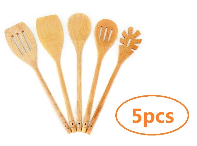 Utensilios de cocina de madera de haya Natural, 30cm, herramientas de cocina, cuchara de madera, pala, servidor de espagueti, ranurado: 5 x kitchenware