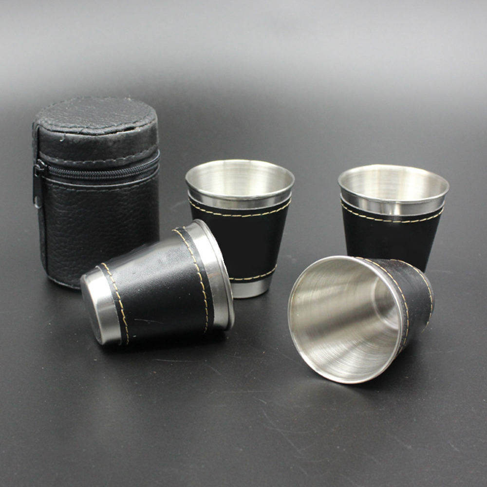 4 Pcs 30/70 Ml Mini Rvs Cups Draagbare Wijn Beker Whisky Bier Cups Met Pu Lederen Tas outdoor Reizen Drinkware Set